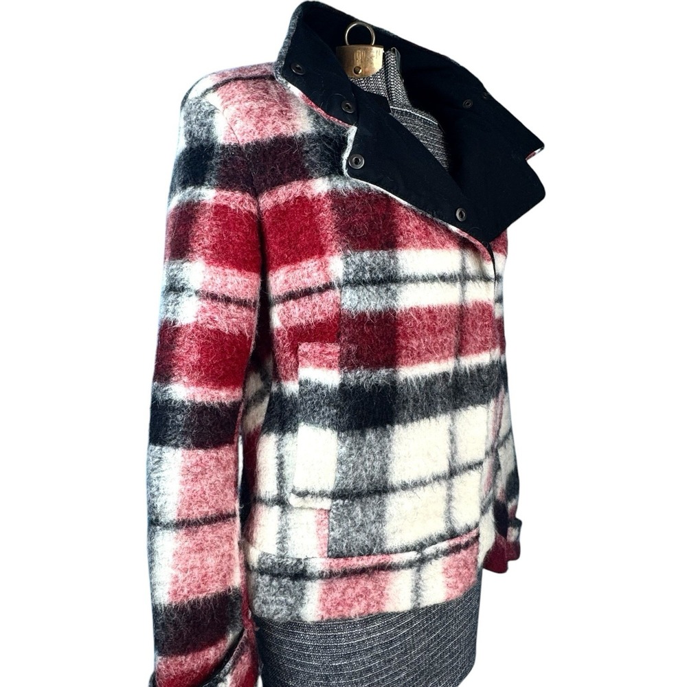 Zara Wool Mohair Jacket Maroon/Black/White Plaid‎ Asymmetric Snap Close Womens S - Picture 8 of 12